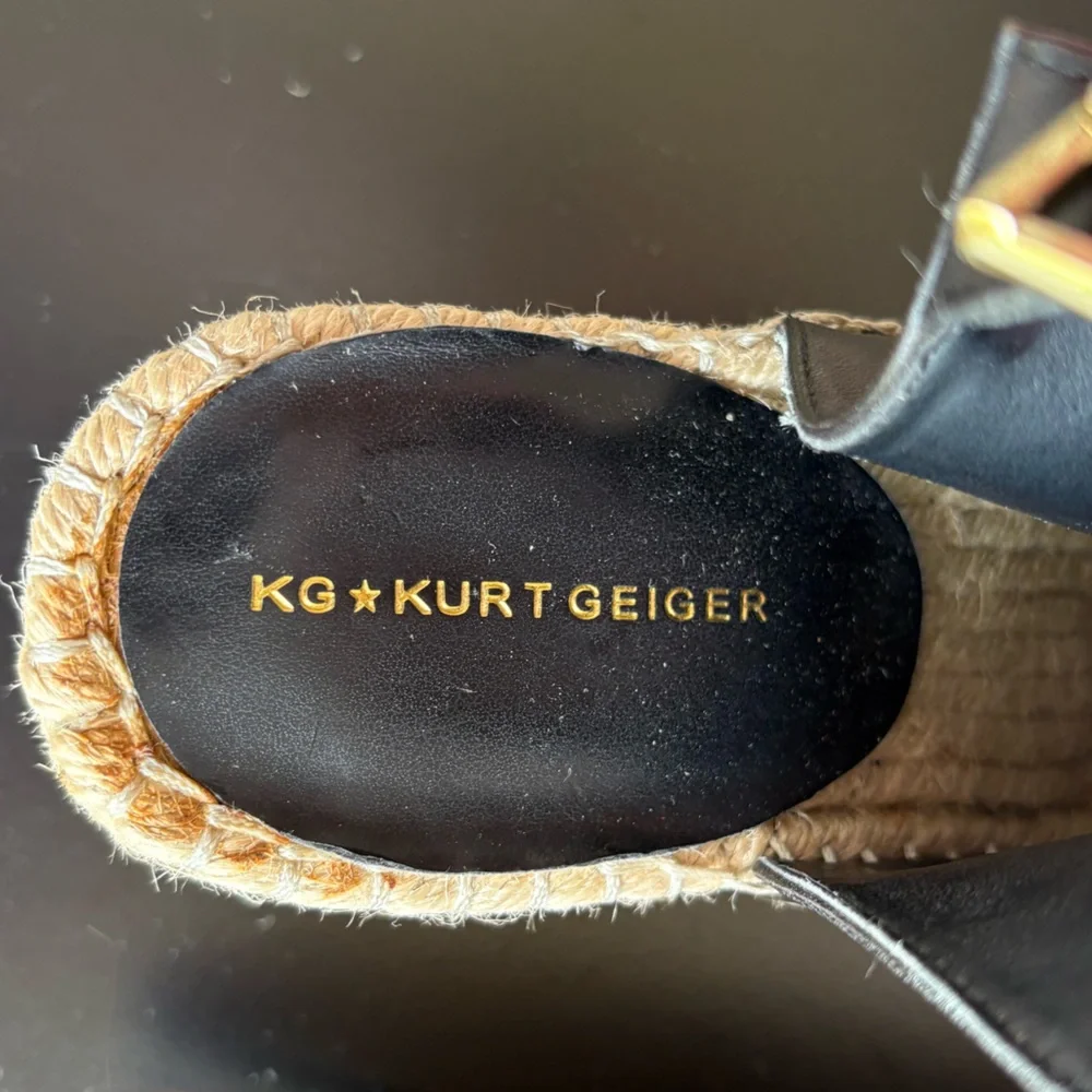 KG Kurt Geiger Nelly Black Leather Espadrille Wedge Sandals Size EU 41
